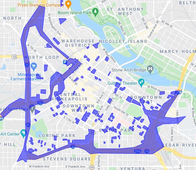 Central Minneapolis with highways and parking ramps in blue